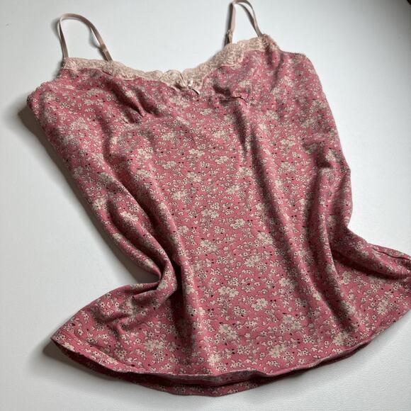 Uniqlo Pink Ditsy Floral Lace Trim Cami Tank Top Coquette Retro Y2K Bow Small - Picture 5 of 10